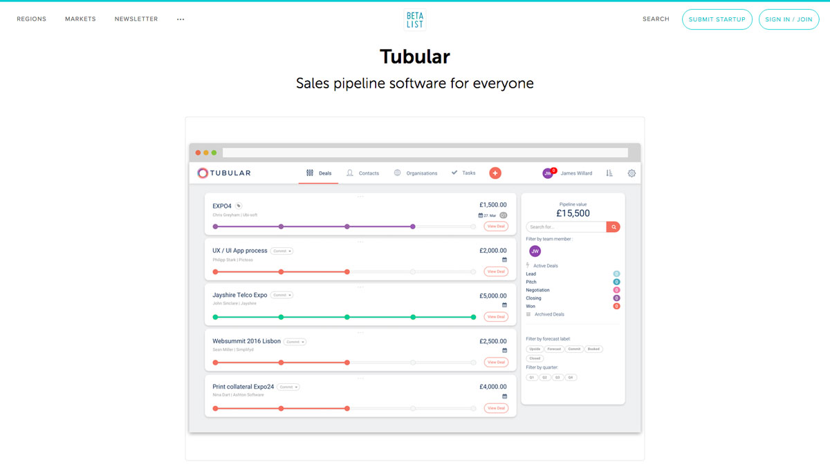 Tubular sales pipeline software on betalist